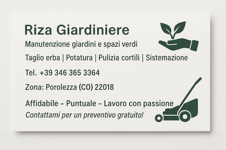 Business card for Riza Giardiniere, a garden maintenance service in Porolezza, Italy, featuring green icons of hands with plants and a lawn mower