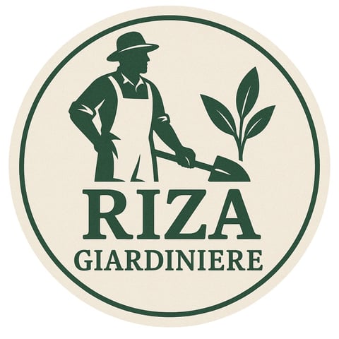 Riza Giardiniere logo featuring a silhouette of a gardener with a spade and green plant shoots