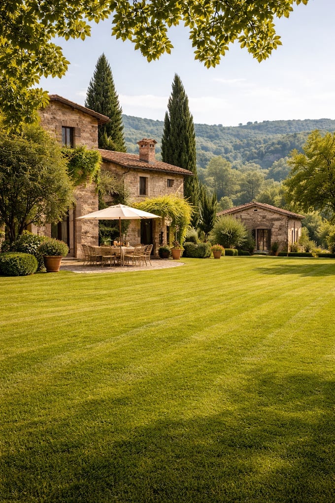 Tuscan stone villa with manicured lawn, patio umbrella, cypress trees, and rolling hills in background on sunny day