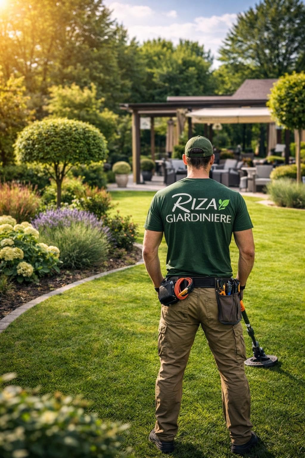 Professional gardener in green Riza Giardiniere shirt standing in manicured garden with lawn, shrubs, and modern house with pergola in background